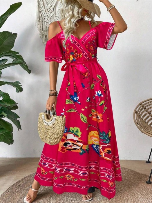 Fuksjowa sukienka maxi wzór pasek (S)