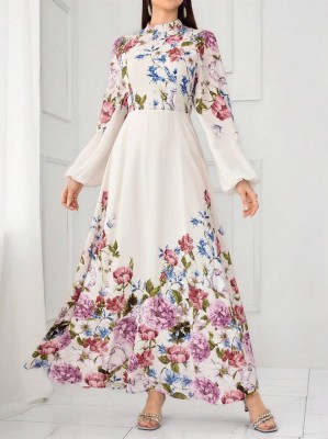 Ecru sukienka maxi kwiaty (S)