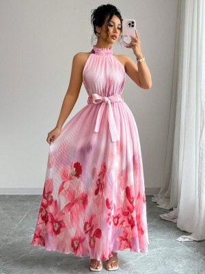 Różowa plisowana sukienka pasek (XL)