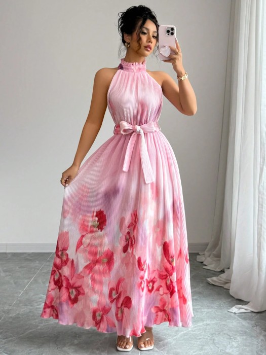 Różowa plisowana sukienka pasek (XL)