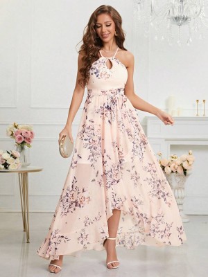 Różowa asymetryczna sukienka wzór (M)