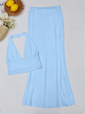 Błękitny komplet spódnica top (XS)