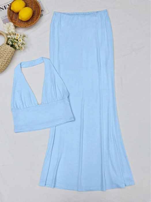 Błękitny komplet spódnica top (XS)