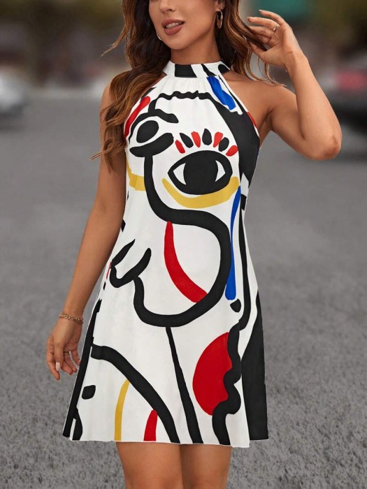 Biała sukienka kolorowy wzór (M)