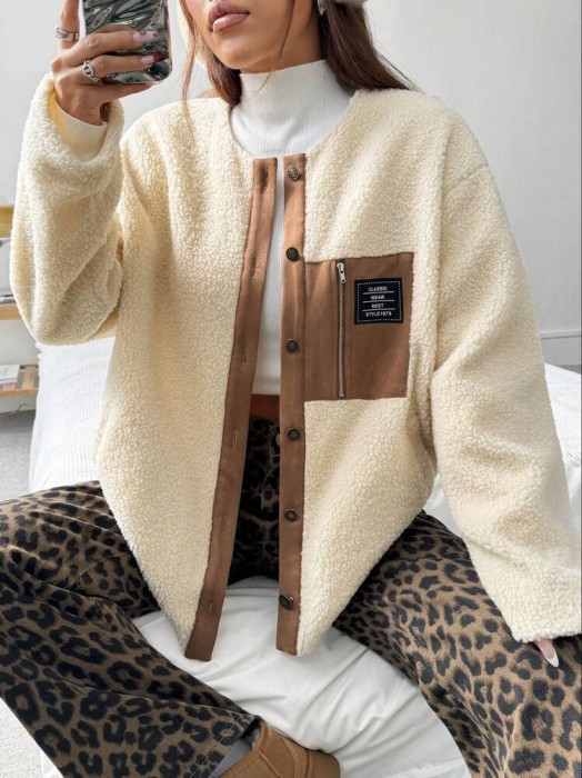 Beżowa kurtka baranek guziki (M)