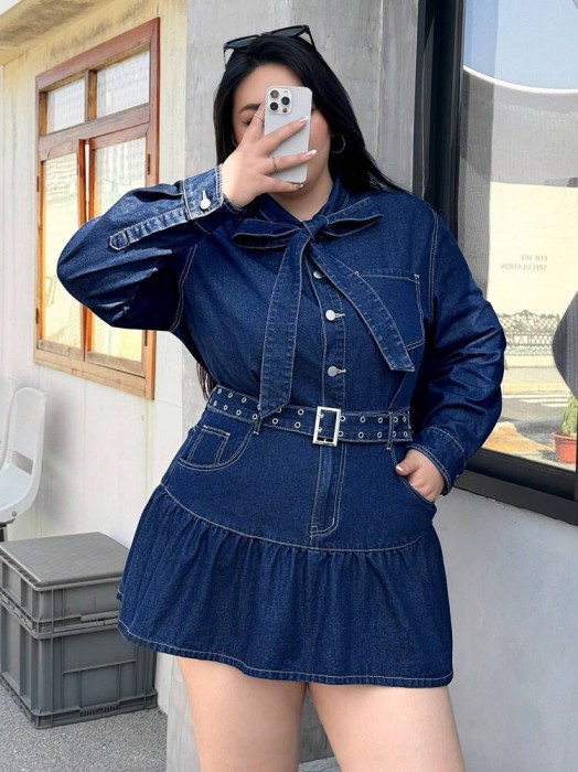 Granatowa jeansowa sukienka pasek (2XL)