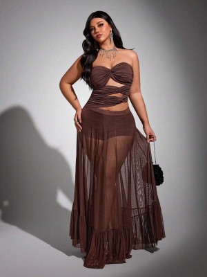 Brązowy komplet spódnica top (1XL)