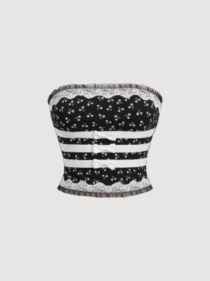 Czarny top kwiaty koronka (M)