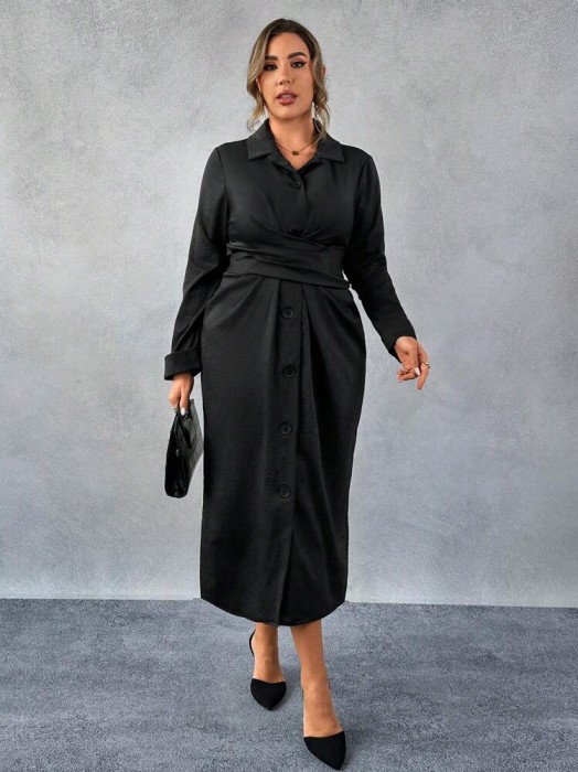 Czarna koszulowa sukienka wiązanie (4XL)