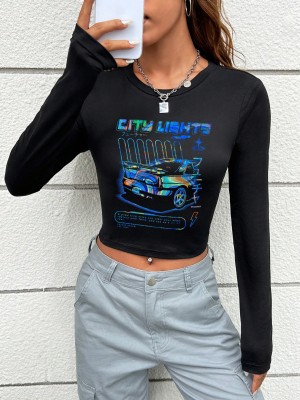 Czarny krótki t-shirt nadruk (M)