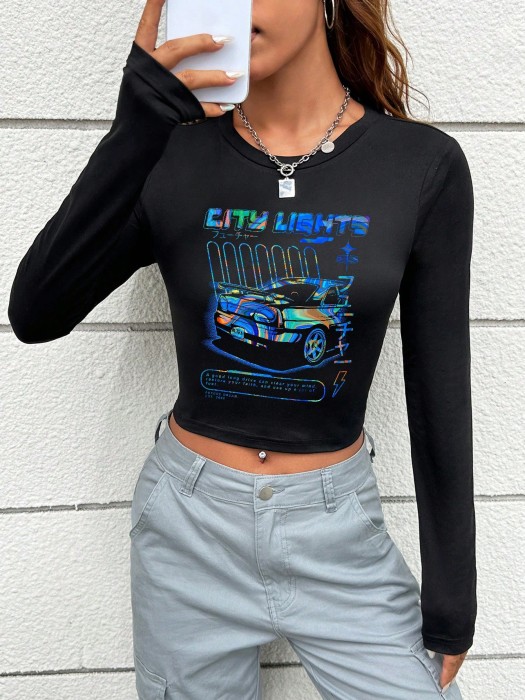 Czarny krótki t-shirt nadruk (M)