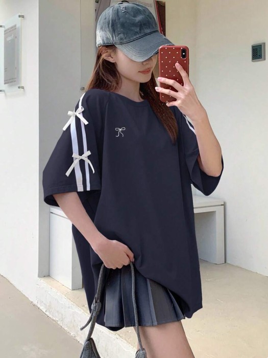 Granatowy t-shirt oversize kokardy (L)