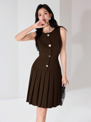 Brązowa sukienka ozdobne guziki (XL)