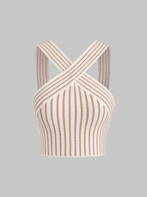 Dzianinowy top ecru paski (XS)