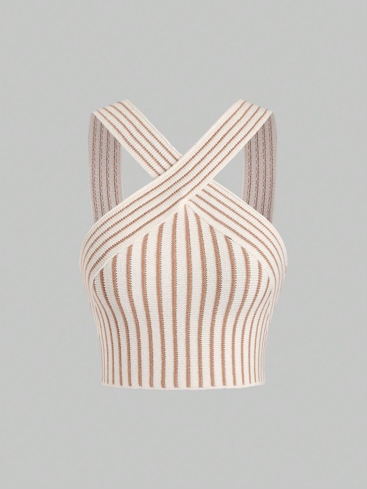 Dzianinowy top ecru paski (XS)