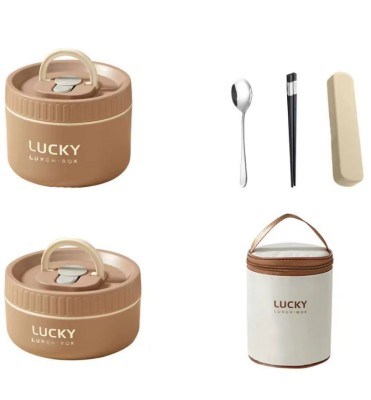 Beżowo brązowy lunch box zestaw