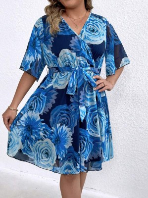 Granatowa sukienka kwiaty pasek (1XL)