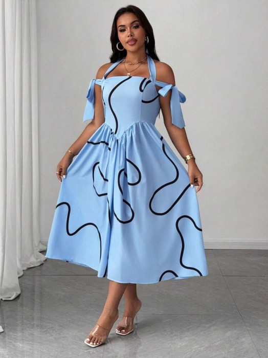 Niebieska sukienka odkryte ramiona (2XL)