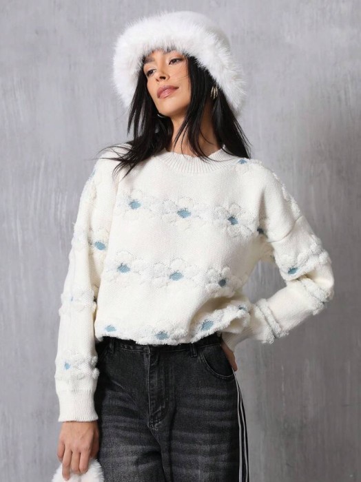 Klasyczny sweter ecru kwiaty (M)