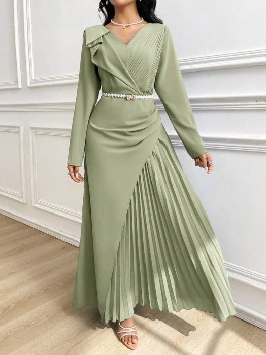 Szałwiowa plisowana sukienka maxi (XL)