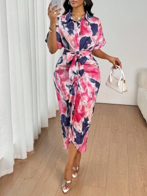 Kolorowa koszulowa sukienka pasek (XL)