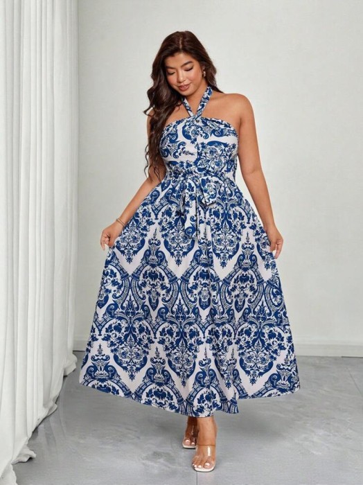 Biała sukienka midi wzór pasek (2XL)