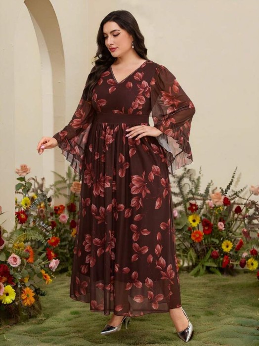 Brązowa sukienka maxi wzór (4XL)