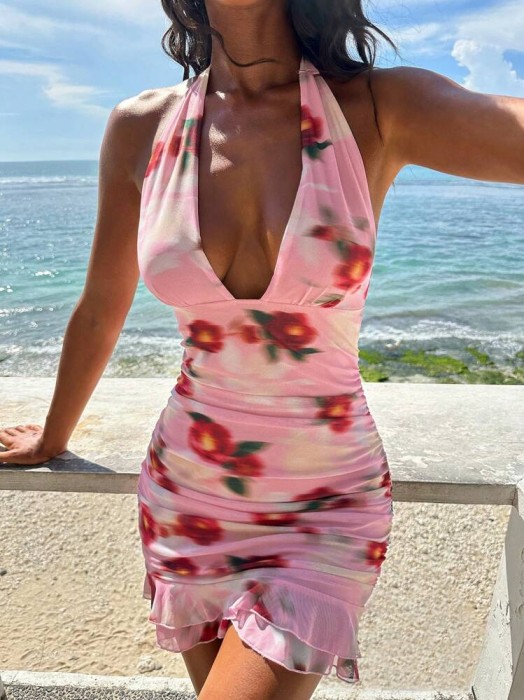 Różowa sukienka mini marszczenia (XL)