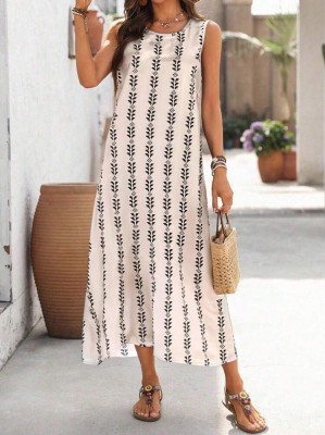 Beżowa prosta sukienka wzór (XL)