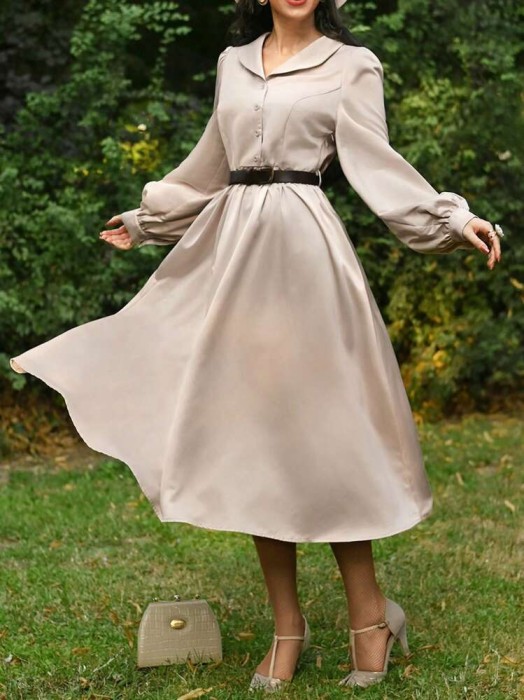 Beżowa satynowa sukienka pasek (S)