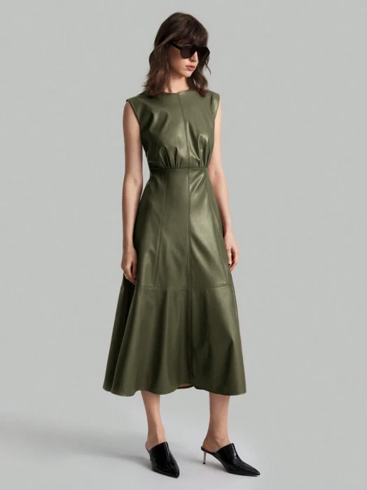 Khaki sukienka imitacja skóry (S)