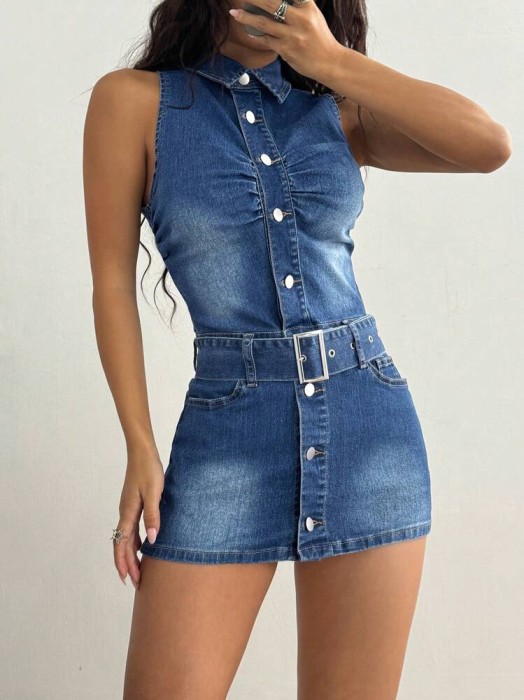 Niebieska jeansowa sukienka pasek (M)