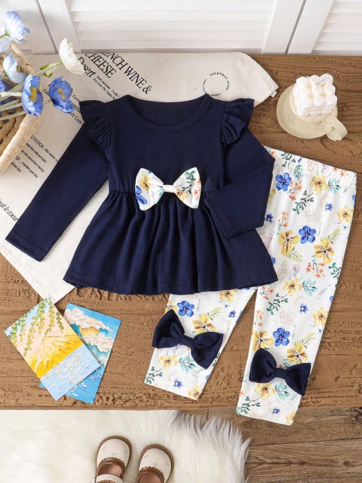 Kolorowy komplet legginsy bluzka wzór (6-9M)