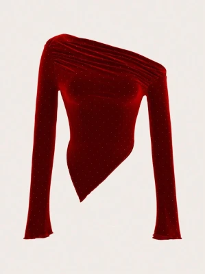 Czerwona aksamitna bluzka zdobienia (S)