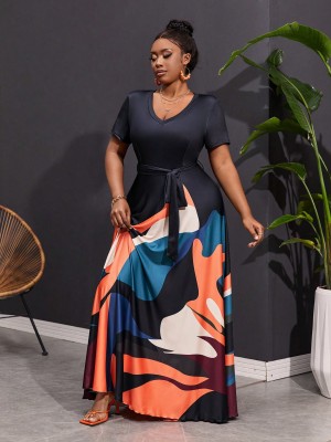 Maxi sukienka krótkie rękawy pasek (4XL)