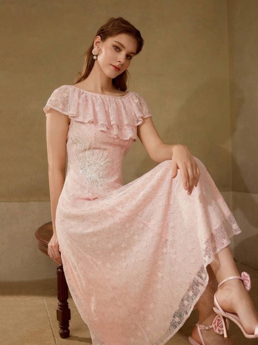 Pudrowa sukienka koronkowa (XS)