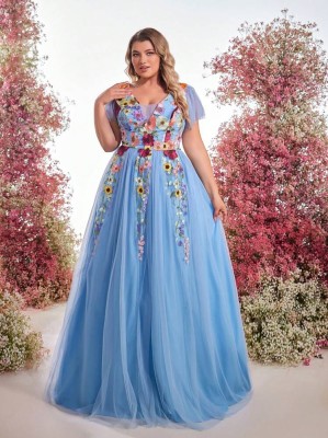 Niebieska tiulowa sukienka hafty (2XL)