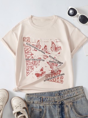 Beżowy t-shirt nadruk (8L)