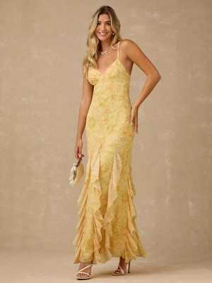 Żółta sukienka wzór ramiączka (L)