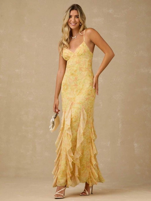 Żółta sukienka wzór ramiączka (L)