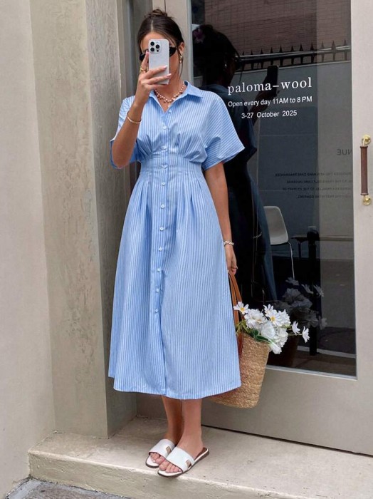 Koszulowa midi sukienka paski (XS)