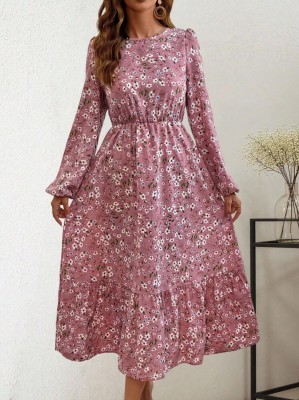 Różowa sukienka midi kwiaty (XL)