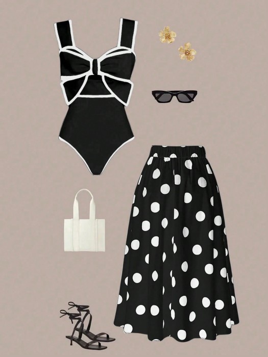 Czarny komplet spódnica body grochy (XL)