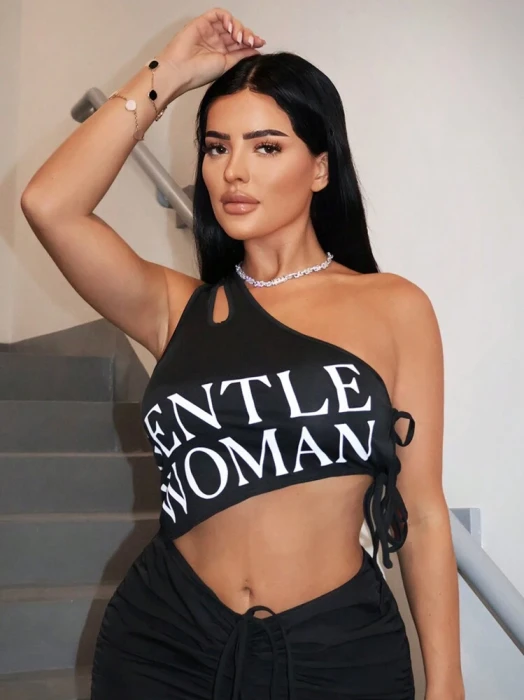 Czarny asymetryczny top nadruk (XS)