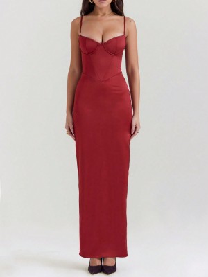 Czerwona satynowa sukienka maxi (M)