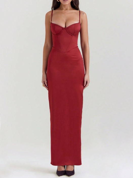 Czerwona satynowa sukienka maxi (M)