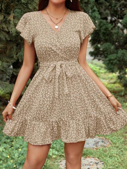 Brązowa sukienka mini wzór pasek (S)