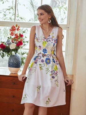 Liliowa sukienka bez rękawów kwiaty (L)