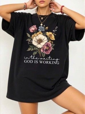 Czarna luźna koszulka nadruk (0XL)