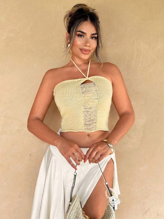 Dzianinowy top wiązany na szyi (M)